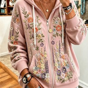 Women Floral Long Sleeve Hoodie Casual Spring/Fall Jacket Outerwear, JustFashionNow Jackets, color:Pink|size:4XL