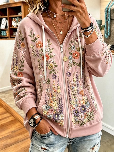 Women Floral Long Sleeve Hoodie Casual Spring/Fall Jacket Outerwear, JustFashionNow Jackets, color:Pink|size:4XL
