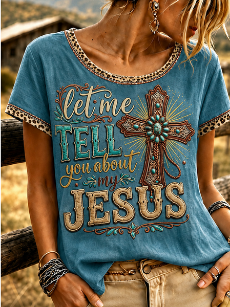 Women Leopard Short Sleeve Tee T-shirt Crew Neck Printing Casual Summer Top, JustFashionNow T-Shirts, color:Blue|size:XXL