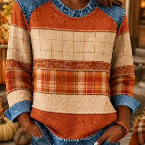 Women Plaid Crew Neck Printing Vintage Spring/Fall Long Sleeve Sweatshirt, JustFashionNow Sweatshirts & Hoodies, color:Orange|size:4XL