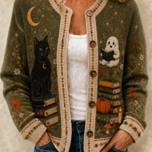 Women Color Block Long Sleeve Crew Neck Vintage Spring/Fall Cardigan Outerwear, JustFashionNow Cardigans, color:Army Green|size:5XL