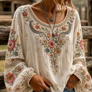 Women Floral Crew Neck Long Sleeve Blouse Printing Vintage Daily Spring/Fall Top, JustFashionNow Blouses, color:Off White|size:5XL