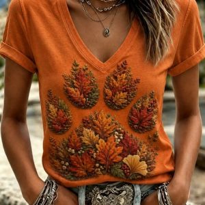Women Maple Leaf Short Sleeve Tee T-shirt V Neck Vintage Summer Top, JustFashionNow T-Shirts, color:Orange|size:5XL