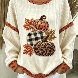 Women Pumpkin Pattern Crew Neck Casual Spring/Fall Long Sleeve Sweatshirt, JustFashionNow Sweatshirts & Hoodies, color:Off White|size:5XL