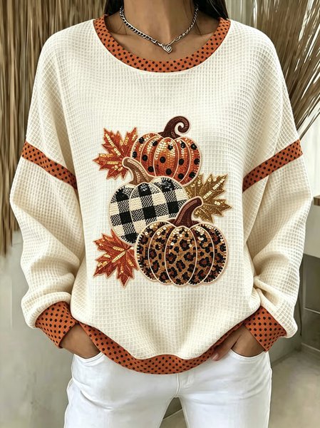 Women Pumpkin Pattern Crew Neck Casual Spring/Fall Long Sleeve Sweatshirt, JustFashionNow Sweatshirts & Hoodies, color:Off White|size:5XL
