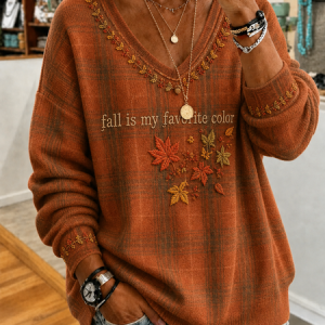 Women Maple Leaf Long Sleeve Tee T-shirt V Neck Casual Spring/Fall Top, JustFashionNow T-Shirts, color:Orange|size:4XL