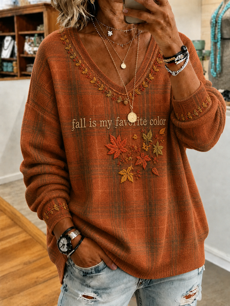 Women Maple Leaf Long Sleeve Tee T-shirt V Neck Casual Spring/Fall Top, JustFashionNow T-Shirts, color:Orange|size:4XL