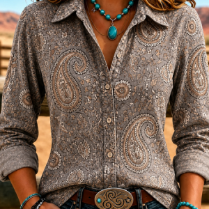 Women Paisley Shirt Collar Long Sleeve Shirt Printing Vintage Daily Spring/Fall Top, JustFashionNow Shirts, color:Gray Purple|size:5XL