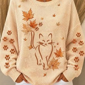 Women Cat Crew Neck Casual Spring/Fall Long Sleeve Sweatshirt, JustFashionNow Sweatshirts & Hoodies, color:Light Orange|size:5XL