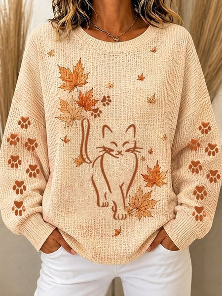 Women Cat Crew Neck Casual Spring/Fall Long Sleeve Sweatshirt, JustFashionNow Sweatshirts & Hoodies, color:Light Orange|size:5XL