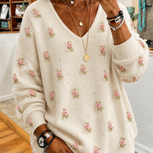 Women Floral Long Sleeve Tee T-shirt V Neck Casual Spring/Fall Top, JustFashionNow T-Shirts, color:Beige|size:4XL