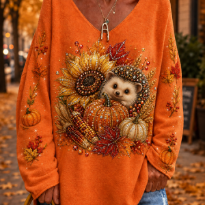 Elegant V Neck Loose Animal Knit Top, JustFashionNow Blouses, color:Orange|size:5XL