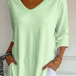 Women Striped Three Quarter Sleeve Tee T-shirt V Neck Printing Casual Graphic Tee Spring/Fall Top, JustFashionNow T-Shirts, color:Green|size:5XL