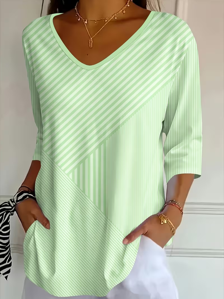 Women Striped Three Quarter Sleeve Tee T-shirt V Neck Printing Casual Graphic Tee Spring/Fall Top, JustFashionNow T-Shirts, color:Green|size:5XL