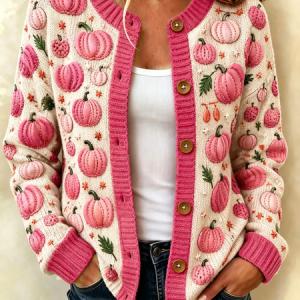 Women Halloween (pumpkin) Printing Long Sleeve Crew Neck Vintage Spring/Fall Cardigan Outerwear, JustFashionNow Cardigans, color:Pink|size:5XL
