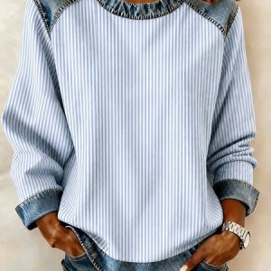 Women Striped Crew Neck Printing Casual Spring/Fall Long Sleeve Sweatshirt, JustFashionNow Sweatshirts & Hoodies, color:Blue|size:5XL