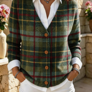 Women Plaid Long Sleeve V Neck Vintage Spring/Fall Cardigan Outerwear, JustFashionNow Cardigans, color:Green|size:5XL