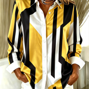 Women Abstract Shirt Collar Long Sleeve Shirt Buckle Regular Sleeve Casual Daily Spring/Fall Top, JustFashionNow Shirts, color:Yellow|size:5XL