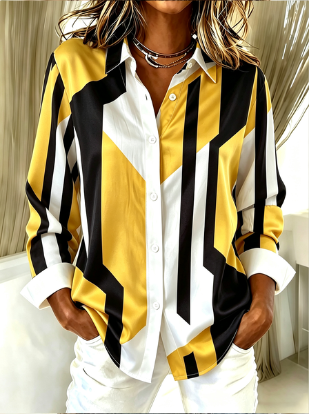 Women Abstract Shirt Collar Long Sleeve Shirt Buckle Regular Sleeve Casual Daily Spring/Fall Top, JustFashionNow Shirts, color:Yellow|size:5XL