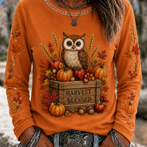 Women Maple Leaf Long Sleeve Tee T-shirt Crew Neck Printing Casual Spring/Fall Top, JustFashionNow T-Shirts, color:Orange|size:XXL