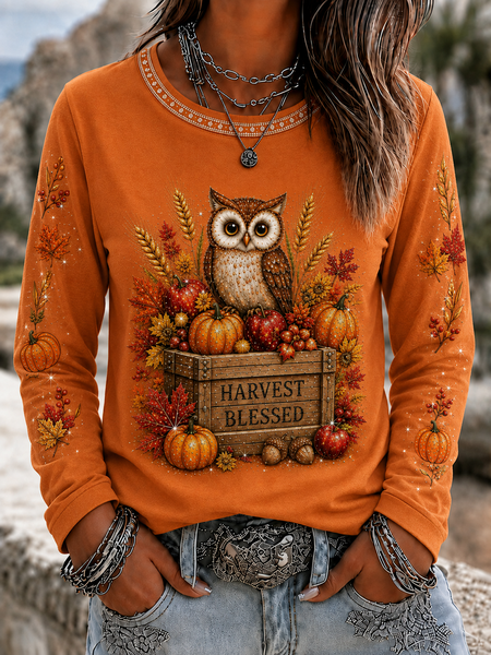 Women Maple Leaf Long Sleeve Tee T-shirt Crew Neck Printing Casual Spring/Fall Top, JustFashionNow T-Shirts, color:Orange|size:XXL