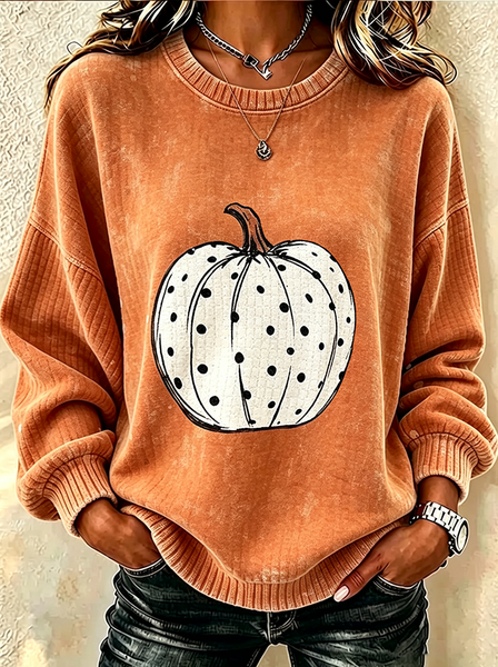Women Pumpkin Pattern Crew Neck Printing Casual Spring/Fall Long Sleeve Sweatshirt, JustFashionNow Sweatshirts & Hoodies, color:Orange|size:5XL