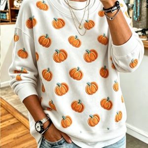 Women Pumpkin Pattern Crew Neck Casual Spring/Fall Long Sleeve Sweatshirt, JustFashionNow Sweatshirts & Hoodies, color:White|size:5XL