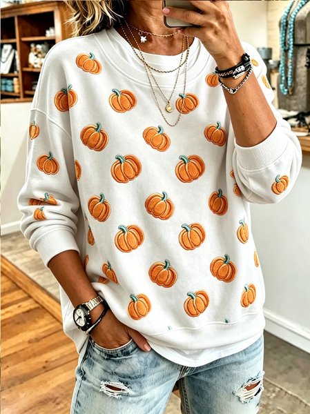 Women Pumpkin Pattern Crew Neck Casual Spring/Fall Long Sleeve Sweatshirt, JustFashionNow Sweatshirts & Hoodies, color:White|size:5XL