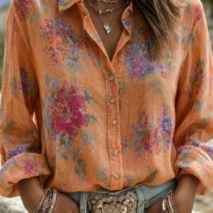 Women Floral Shawl Collar Long Sleeve Shirt Vintage Daily Spring/Fall Top, JustFashionNow Shirts, color:Orange|size:XXL