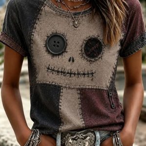 Women Color Block Short Sleeve Tee T-shirt Crew Neck Casual Summer Top, JustFashionNow T-Shirts, color:As Picture|size:5XL
