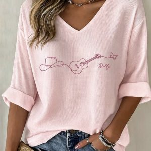 Women Guitar Half Sleeve Tee T-shirt V Neck Casual Summer Top, JustFashionNow T-Shirts, color:Pink|size:5XL