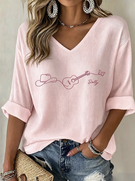 Women Guitar Half Sleeve Tee T-shirt V Neck Casual Summer Top, JustFashionNow T-Shirts, color:Pink|size:5XL