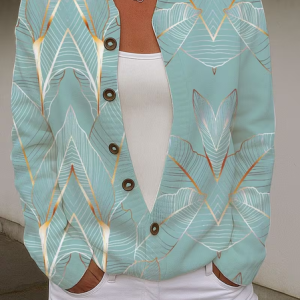 Women Abstract Long Sleeve Crew Neck Vintage Spring/Fall Cardigan Outerwear, JustFashionNow Cardigans, color:Aqua|size:5XL