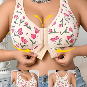 Women's Wire-Free Floral Print Front Closure Push-Up Support Adjustable Straps Seamless Everyday Bra, JustFashionNow Bra & Bra Sets, color:Apricot|size:5XL