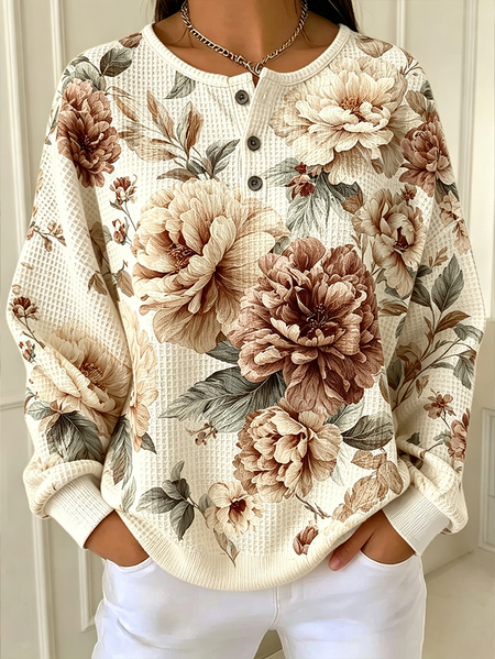 Women Floral Crew Neck Printing Casual Spring/Fall Long Sleeve Sweatshirt, JustFashionNow Sweatshirts & Hoodies, color:Apricot|size:5XL - Image 2