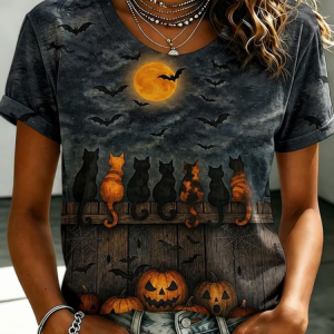 Women Cat Short Sleeve Tee T-shirt Crew Neck Printing Casual Summer Top, JustFashionNow T-Shirts, color:Deep Gray|size:XXL