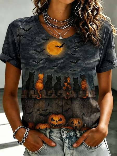 Women Cat Short Sleeve Tee T-shirt Crew Neck Printing Casual Summer Top, JustFashionNow T-Shirts, color:Deep Gray|size:XXL