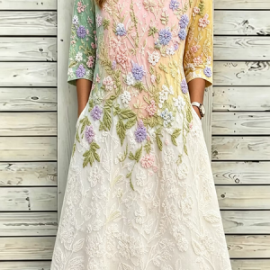 Women Floral Half Sleeve Crew Neck Dress Daily Casual Maxi T-Shirt Dress A-Line Summer Dress, JustFashionNow Floral Dresses, color:Multicolor|size:5XL
