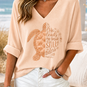 Women Marine Life Half Sleeve Tee T-shirt V Neck Vintage Summer Top, JustFashionNow T-Shirts, color:Light Khaki|size:5XL