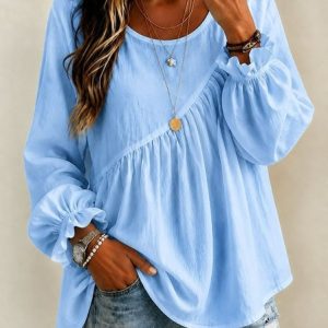 Women Plain Crew Neck Long Sleeve Blouse Casual Daily Spring/Fall Top, JustFashionNow Blouses, color:Sky Blue|size:XXL