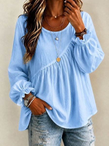 Women Plain Crew Neck Long Sleeve Blouse Casual Daily Spring/Fall Top, JustFashionNow Blouses, color:Sky Blue|size:XXL