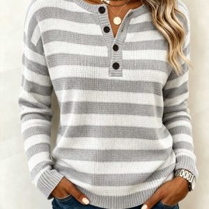 Women Striped Long Sleeve Tee T-shirt Henley Collar Casual Spring/Fall Top, JustFashionNow T-Shirts, color:Gray|size:5XL