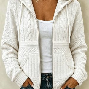 Women Geometric Long Sleeve Hoodie Casual Spring/Fall Jacket Outerwear, JustFashionNow Coats, color:White|size:4XL