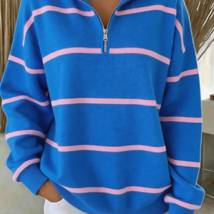Women Striped Half Open Collar Casual Spring/Fall Long Sleeve Sweatshirt, JustFashionNow Sweatshirts & Hoodies, color:Royal Blue|size:5XL