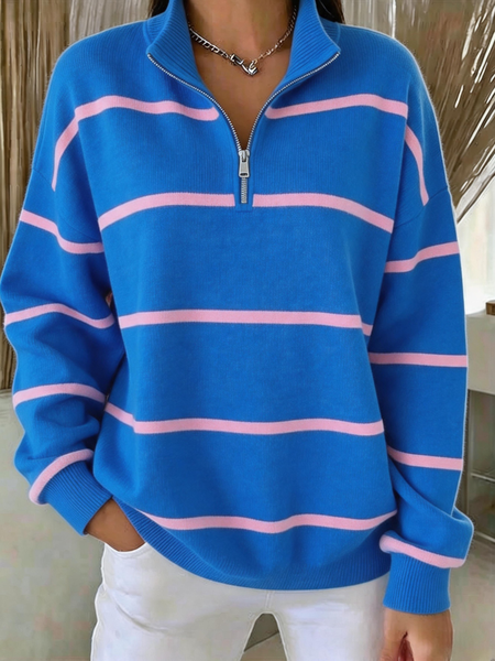 Women Striped Half Open Collar Casual Spring/Fall Long Sleeve Sweatshirt, JustFashionNow Sweatshirts & Hoodies, color:Royal Blue|size:5XL
