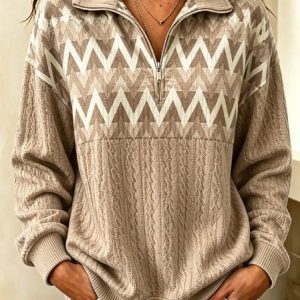 Women Geometric Half Open Collar Casual Spring/Fall Long Sleeve Sweatshirt, JustFashionNow Sweatshirts & Hoodies, color:Khaki|size:5XL
