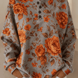 Women Floral Henley Collar Casual Spring/Fall Long Sleeve Sweatshirt, JustFashionNow Sweatshirts & Hoodies, color:Caramel|size:5XL