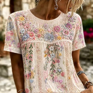 Women Floral Short Sleeve Tee T-shirt Crew Neck Printing Casual Graphic Tee Summer Top, JustFashionNow T-Shirts, color:As Picture|size:5XL