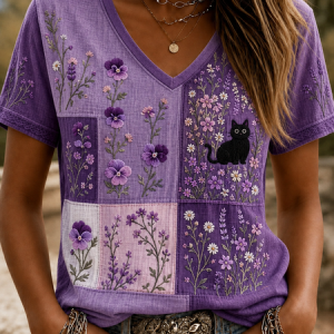 Women Floral Short Sleeve Tee T-shirt V Neck Printing Vintage Summer Top, JustFashionNow T-Shirts, color:Purple|size:5XL