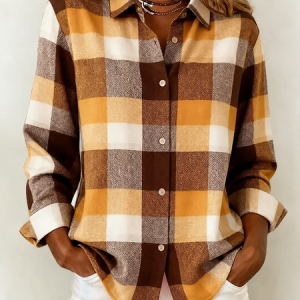 Women Plaid Shirt Collar Long Sleeve Shirt Printing Vintage Daily Spring/Fall Top, JustFashionNow Shirts, color:Yellow|size:5XL